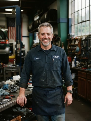 Authentic editorial portrait of a local mechanic in a clean Washington garage, smiling, soft natural Pacific Northwest daylight, tools in background, rich evergreen and navy tones.