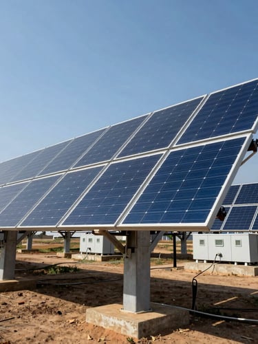 Low-angle wide shot of a massive solar array under intense midday sun in Nigeria, concrete substations in the background, sharp technical details