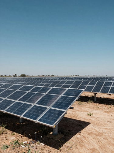 Low-angle heroic shot of a sprawling utility-scale solar array under intense midday African sun, deep slate structures contrasting with dry earth, wide environmental composition.