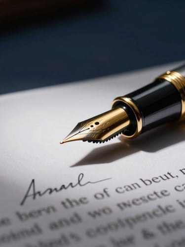 Macro close-up of a premium gold fountain pen resting on a signed legal document, dramatic side-lighting, dark navy background, high-contrast chiaroscuro