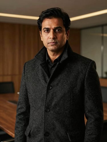 Editorial portrait of Surya Kant in a dark, structured wool coat, low-key chiaroscuro lighting, warm golden undertones, modern architectural boardroom background softly out of focus.