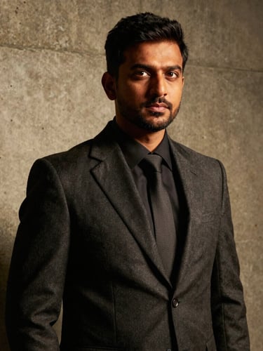 Dramatic chiaroscuro portrait of a South Asian male strategist in a structured dark charcoal suit, low-key lighting with warm gold undertones, architectural concrete background, tight editorial crop.