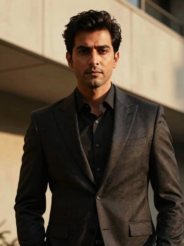 Low-key dramatic portrait of Surya Kant in a dark structured suit, warm golden chiaroscuro lighting, modern architectural lines in the background.