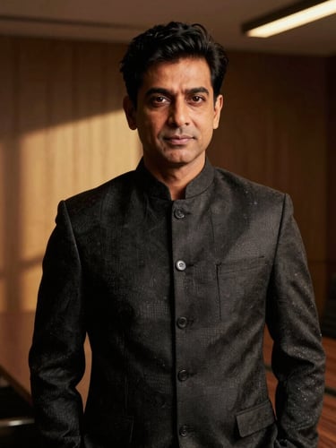 Editorial portrait of Surya Kant in dark structured attire, dramatic chiaroscuro lighting with warm golden undertones, low-key contrast, modern architectural boardroom background.