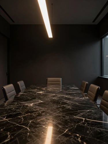 Low-key dramatic chiaroscuro shot of a high-end modern boardroom, dark obsidian marble table reflecting warm golden light from a linear architectural fixture, clean minimalist aesthetic, negative space.