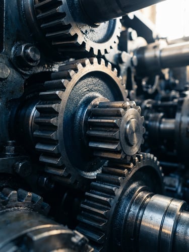 Crisp macro shot of heavy industrial steel gears, bright high-contrast daylight with cool navy tones and subtle golden-hour highlights on the metallic edges.