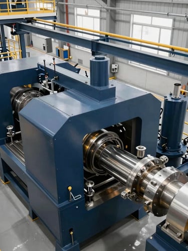 High-angle architectural shot of heavy industrial machinery in operation within a modern manufacturing facility, bright daylight, steel and navy tones with clean metallic highlights.