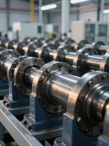 Detailed macro shot of heavy industrial machinery components in a clean, modern manufacturing facility, cool metallic steel tones with warm golden-hour highlights.