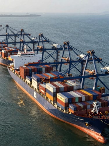 Wide architectural high-angle shot of a deep-water container port, massive cargo ships docked, bright daylight with cool steel tones and warm golden highlights on the water.