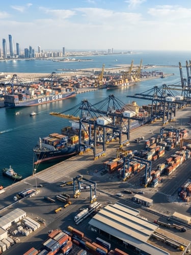 High-angle panoramic shot of a deep-water industrial cargo port in the UAE under bright daylight, massive container ships, cranes, cool steel blue tones with warm golden highlights on metallic surfaces.