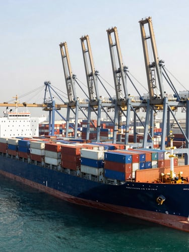 High-angle architectural shot of a modern deep-water cargo port in the UAE, container ships stacked precisely, bright daylight with subtle gold highlights on steel cranes.