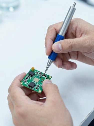 Close-up portrait of a biomedical technician's hands using precision tools to repair a complex circuit board, bright cool-toned daylight, sterile white background, sharp focus, 35mm