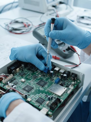 Close-up of a uniformed biomedical technician's hands using precision tools to calibrate a complex medical circuit board, bright clinical daylight, sterile white and medical blue tones, sharp focus.
