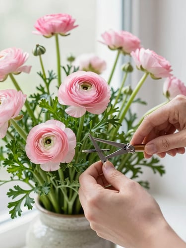 Close-up of florist hands carefully trimming and arranging delicate pink ranunculus and textured green foliage in a ceramic vessel, soft overcast daylight, 35mm