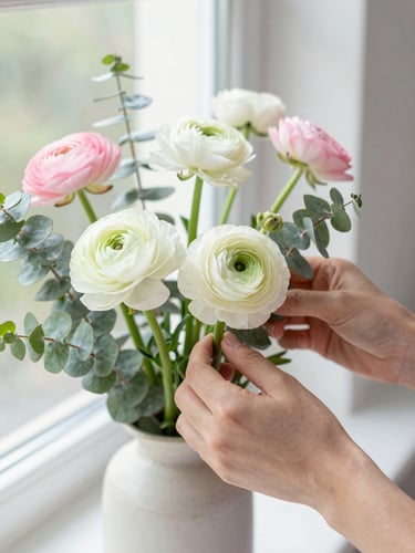 Close-up of hands arranging delicate pastel ranunculus and textured eucalyptus foliage in a ceramic vase under soft, natural window light.