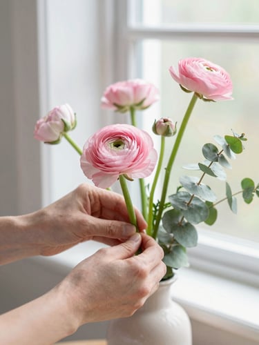Delicate hands carefully placing fresh pink ranunculus and green eucalyptus stems into a ceramic vase, bright natural window light, soft focus background, editorial floristry style