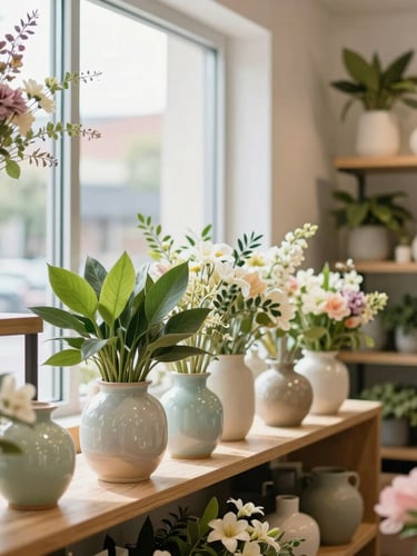Bright editorial photography of a modern flower shop interior in Midvale, soft natural window light, shelves with ceramic vases and fresh green foliage, shallow depth of field, 35mm