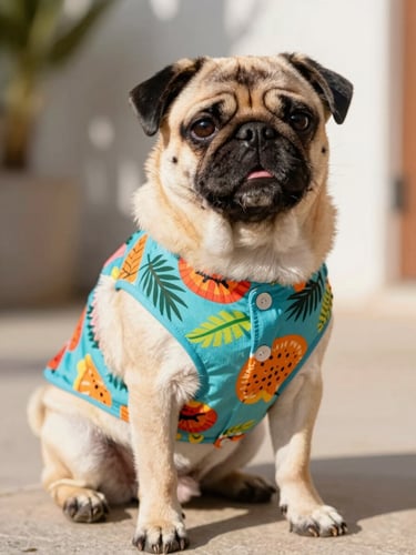 Un tierno perrito pug sonriente vistiendo una colorida camisa playera de motivos tropicales, sentado bajo luz natural brillante de tarde.