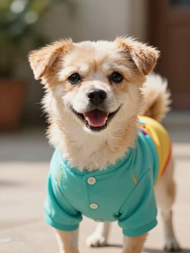 Close-up of a happy small dog wearing a colorful custom-tailored teal shirt, warm natural daylight, soft focus background