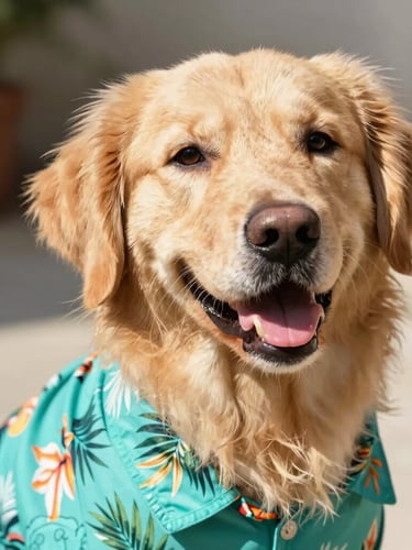 Eye-level close-up of a joyful golden retriever wearing a vibrant teal tropical print shirt, bright natural daylight, warm sunny setting, shallow depth of field.
