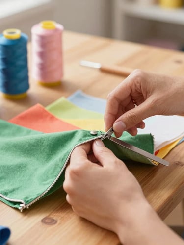 An artisan hand-cutting colorful fabrics on a wooden table in a brightly lit sewing workshop, thread spools in background, warm lighting