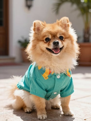 Bright joyful pet photography of a fluffy Pomeranian wearing a colorful custom-tailored teal shirt, sitting comfortably in a bright sunlit Mexican patio, warm natural daylight, shallow depth of field, sharp details