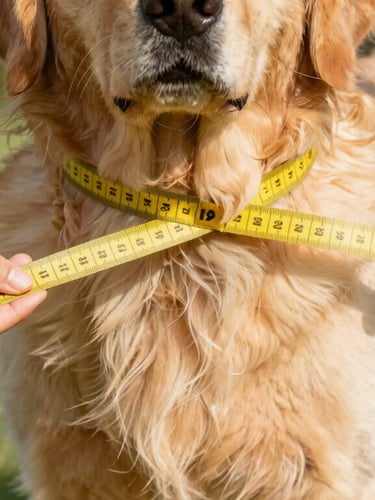 A close-up of gentle hands holding a soft yellow measuring tape around the chest of a calm Golden Retriever, bright natural daylight, showing the exact point behind the front legs, highly detailed texture of the fur.