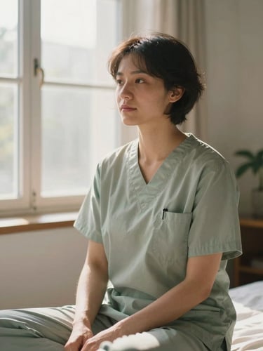 A professional healer sitting calmly in a sunlit room, soft morning window light, muted sage tones, shallow depth of field, 35mm