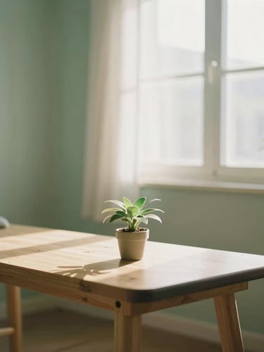A serene, sunlit therapy room with soft morning window light, a wooden table holding a single plant, sage green walls, warm sand tones, shallow depth of field, 35mm