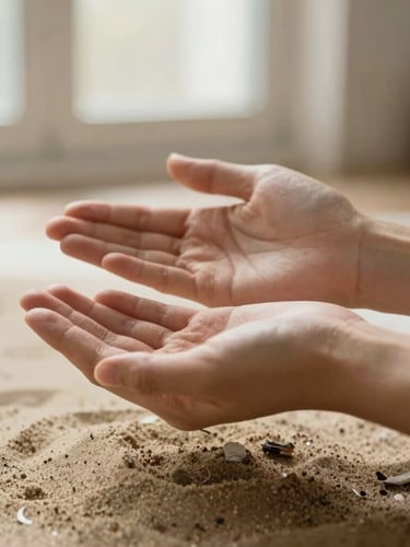 Close-up of hands hovering gently during a pranic healing session, warm sand and sage tones, soft morning window light, 35mm
