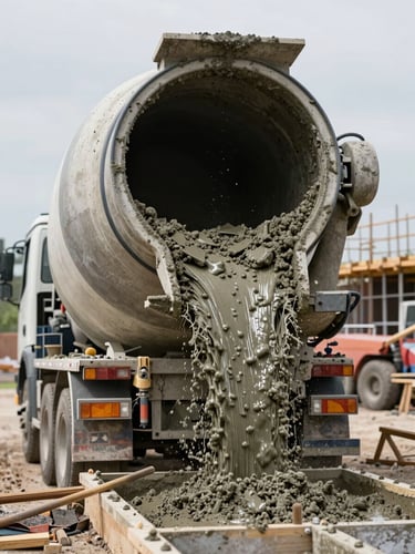 Ground-level close-up of a concrete mixer truck drum rotating at a construction site, concrete flowing from the chute into formwork, natural overcast daylight, wet concrete texture visible mid-pour, no workers posed