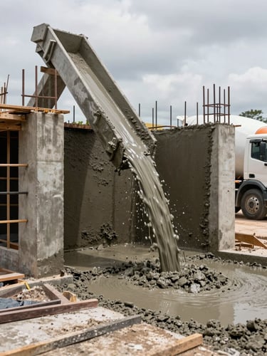 Ground-level wide shot of a concrete pour in progress on a Ceará job site, wet concrete flowing from a chute into structural formwork, a mixer truck cab visible at the far right edge, overcast midday light revealing the texture and sheen of fresh concrete, no workers facing camera