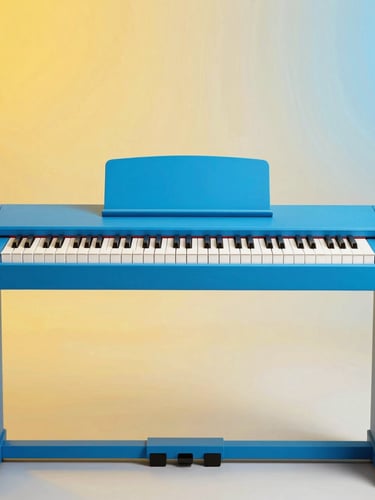 Straight-on clean studio shot of a modern digital piano keyboard, bright electric blue and warm yellow neon highlights, crisp high-key lighting, modern editorial style