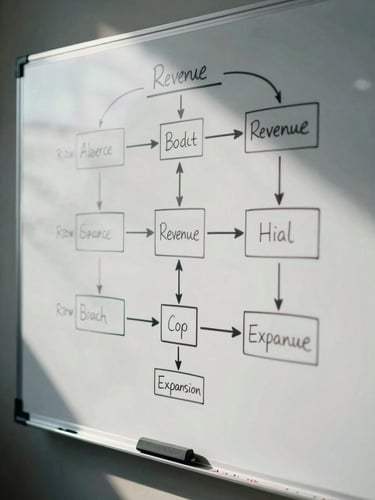 Close-up of a physical whiteboard with structured, hand-drawn logic diagrams mapping revenue expansion, cool sharp lighting, deep shadows.