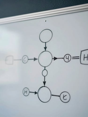 Macro close-up of a physical whiteboard with sharp, hand-drawn logic diagrams and structured flowcharts, cool high-contrast lighting, deep slate background