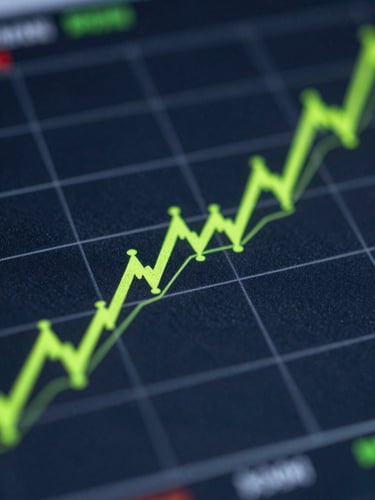 Macro crop of a high-contrast financial data visualization chart, bright neon-green trend lines cutting through deep slate gridlines, sharp focus, technical editorial style.
