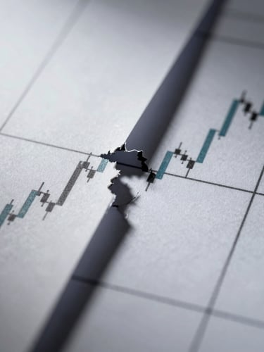 Macro crop of a high-contrast data visualization showing structural gaps in a financial model, cool sharp studio lighting, deep shadows.