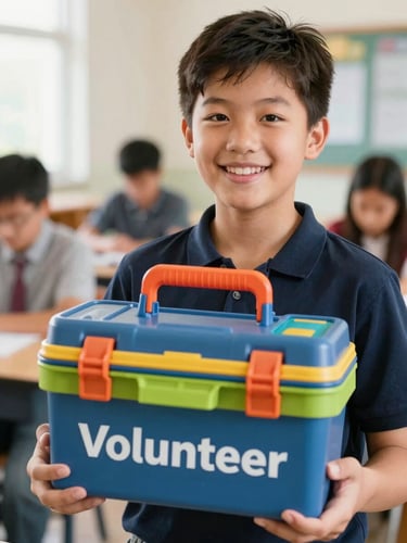 A close-up of a smiling grade 8 student holding a colorful volunteer toolkit, warm natural classroom light, shallow depth of field, candid editorial photography