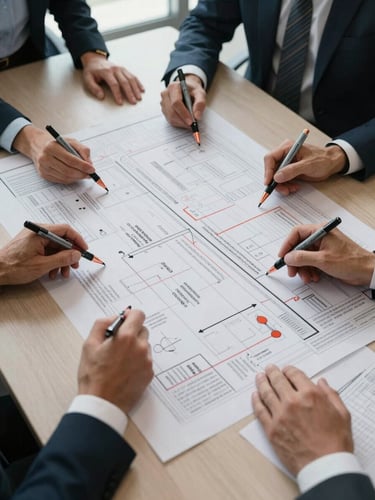 Wide overhead flat-lay of a large strategy canvas spread across a boardroom table, executives' hands annotating a governance matrix with copper-tipped markers, soft north-facing daylight, printed roadmap documents visible at edges