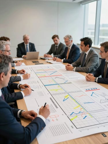 Wide environmental shot of a boardroom table from the side, executives reviewing a large printed strategy canvas with annotated governance matrices under soft diffused north-facing daylight, strategy documents and colored marker annotations visible in detail, generous negative space on the right