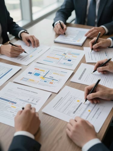Wide environmental shot of a corporate boardroom table, overhead angle showing strategy documents and annotated governance matrices spread across the surface, soft diffused north-facing daylight from tall windows on the left, several hands visible mid-gesture over printed roadmap canvases, no faces visible