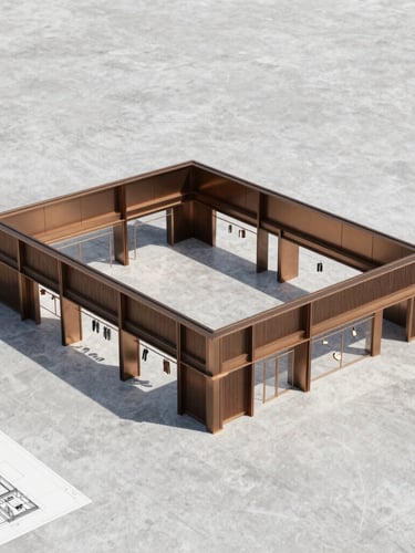 Architectural blueprint layout of retail shops overlaid on a clean concrete surface, warm bronze accents highlighting high-visibility corner units.