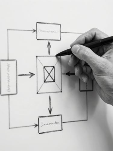 High-contrast black-and-white macro shot of a hand sketching a structured strategic framework on a white board, sharp geometric lines.