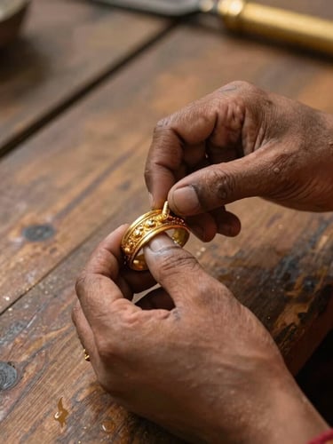 Close-up of an artisan's hands meticulously detailing a gold-plated cuff at a wooden bench in Kolkata, warm directional light