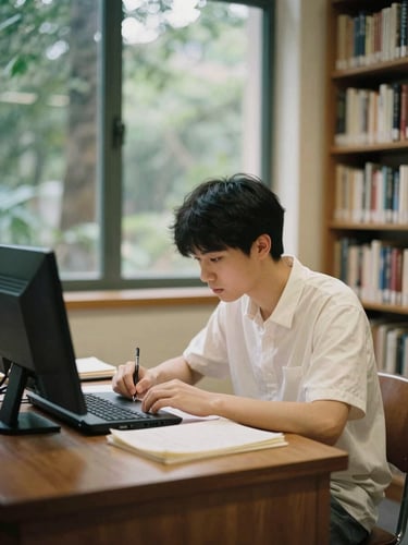 A focused student in a warm, naturally lit library environment, working diligently, rich forest and cream tones, medium format film style.