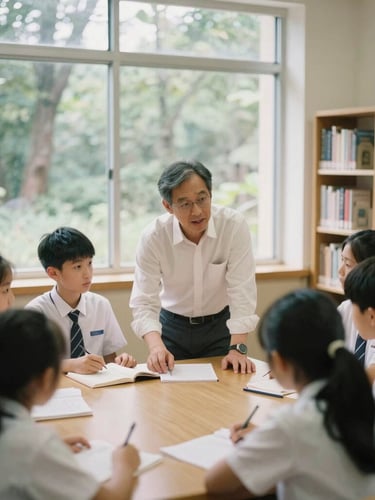 Medium format film of a community leader mentoring young students in a warm, sunlit library, natural daylight, soft forest tones, authentic editorial style