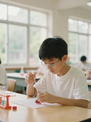 A student engaged in a hands-on science experiment in a bright, modern classroom, warm natural daylight filtering through large windows, soft focus.