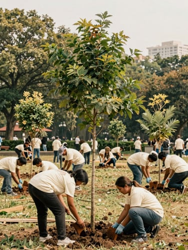 A wide environmental shot of community volunteers planting native trees in an urban park, warm diffused daylight, authentic documentary style.