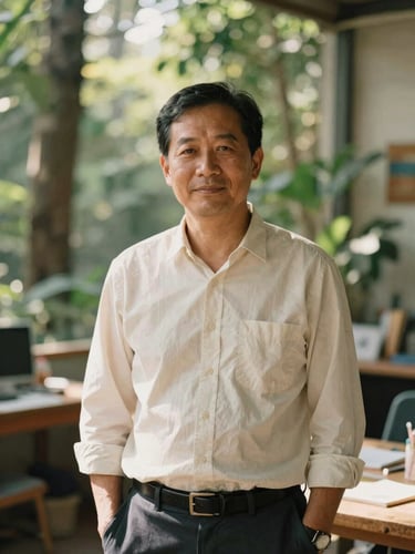 A medium portrait of a community leader in a warm, sunlit workspace, natural daylight, soft forest tones, authentic editorial style