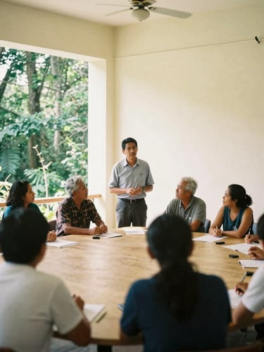 Wide environmental medium-format film photograph of a community leader guiding a collaborative workshop in a warm, cream-walled space with soft natural daylight, rich forest green accents, authentic documentary style.
